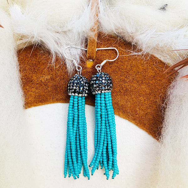 Hematite + Turquoise Seed Bead Tassel Earrings