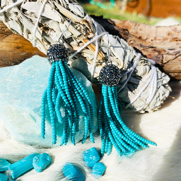 Hematite + Turquoise Seed Bead Tassel Earrings