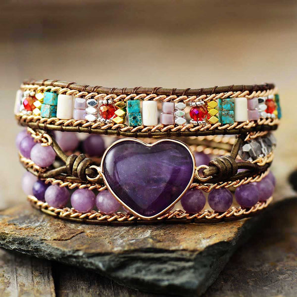 Romantic Amethyst Heart 3 Wrap Bracelet