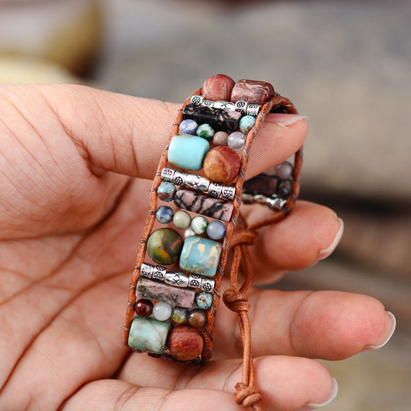 Balancing Rhodonite + Jasper Wrap Bracelet