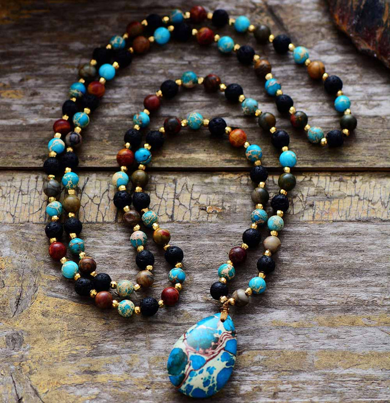 Balancing Imperial Jasper + Lava Stone Pendant Bead Necklace