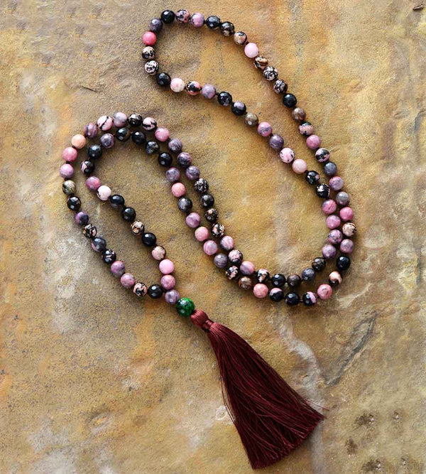 Rhodonite 108 Bead Mala Tassel Necklace